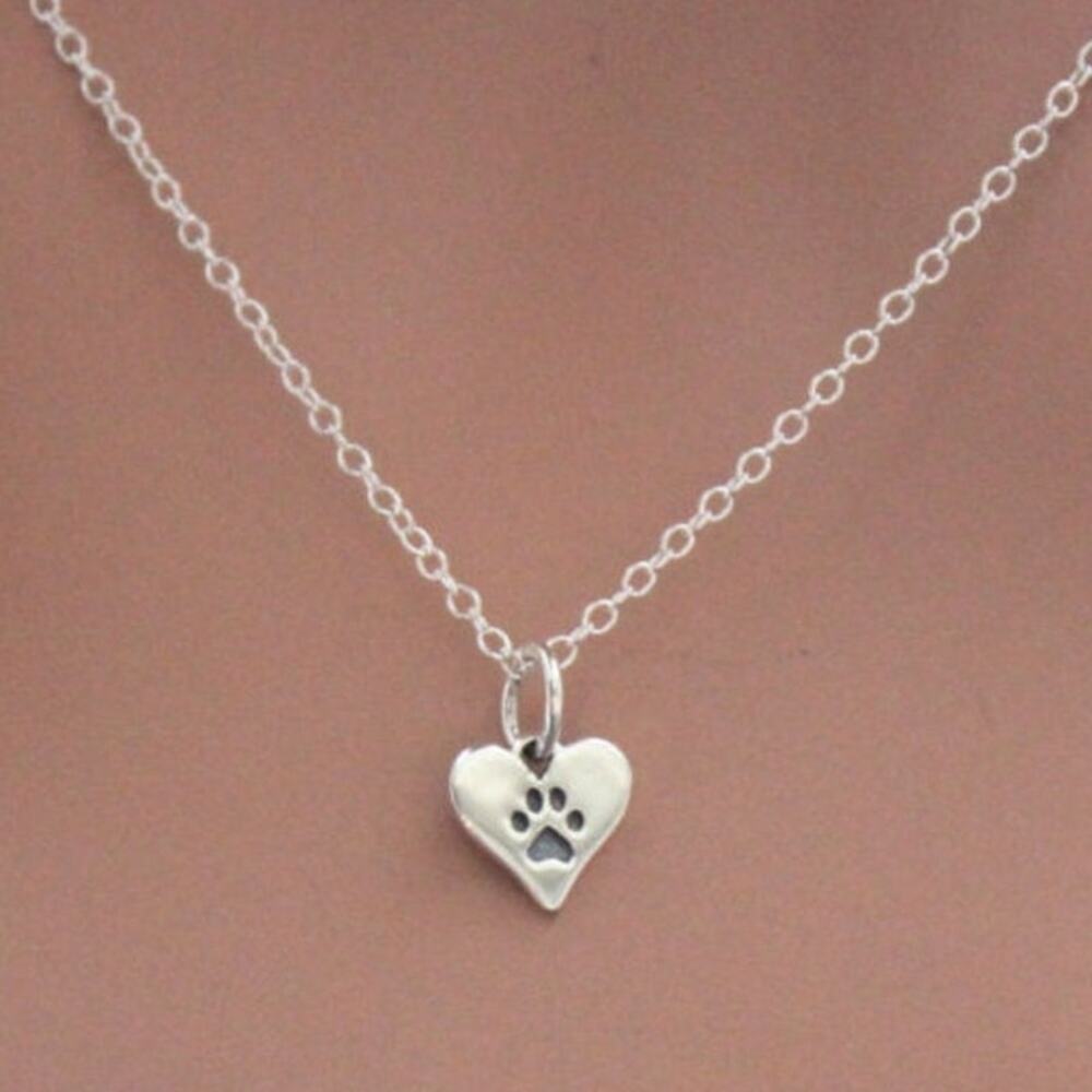 Sterling Silver Tiny Heart Paw Print Necklace